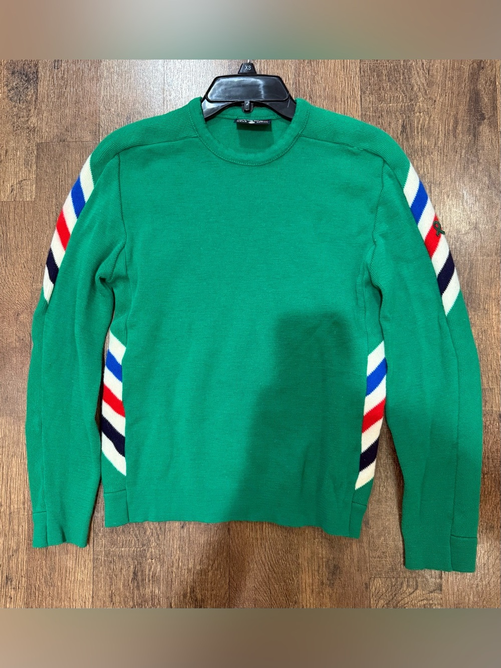 Vintage 80s Demeter Green Crewneck ski Sweater Stripes Trim pure wool m